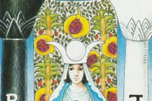 这张塔罗牌为女祭司,是「处女」与「圣母」的原型.