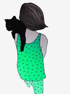 手绘在家绿色睡衣的年轻女子抱着一只黑猫.