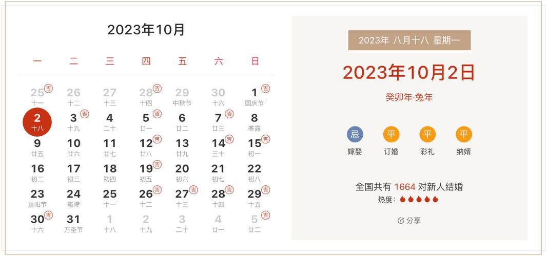 2023年10月2日结婚黄道吉日21年10月2日是吉日吗