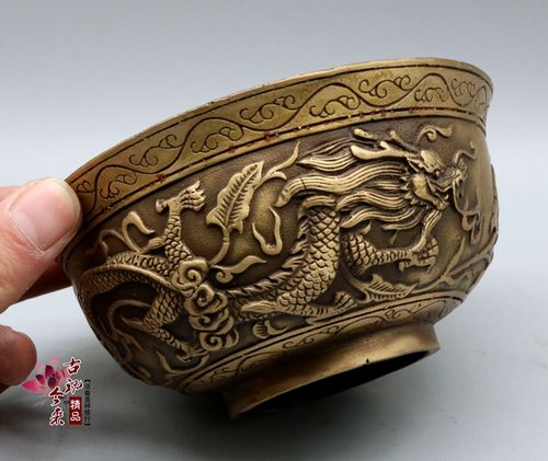 摆件古玩古董收藏品铜龙纹碗饭碗双龙戏珠碗风水摆件