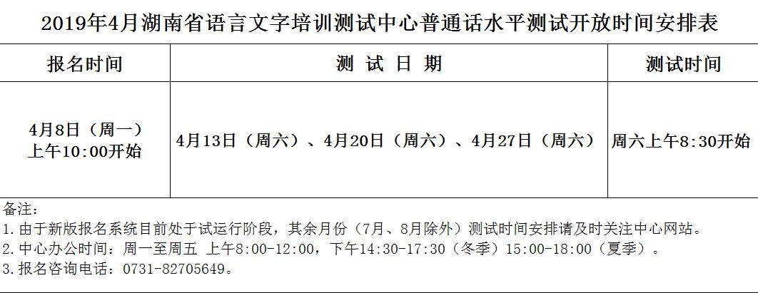 湖南省语言文字培训测试中心4月测试开放时间安排表
