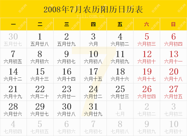 2008年1月农历阳历日历表