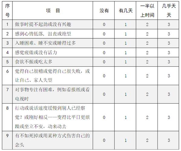 计算总分0-4 :没有抑郁症(注意自我保重)5-9 :可能有轻微抑郁症(建议