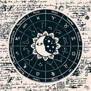 天蝎黄道带的向量圆圈与图标, 名字, 标志, 星座, 太阳和月亮在一个