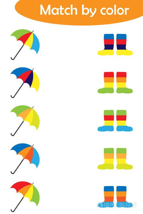 匹配游戏的儿童, 连接五颜六色的雨伞与相同的颜色靴子, 学龄前工作表