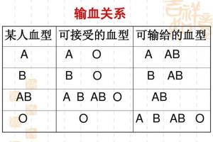 输血关系 某人血型 可接受的血型 可输给的血型 a b ab a b o o a b