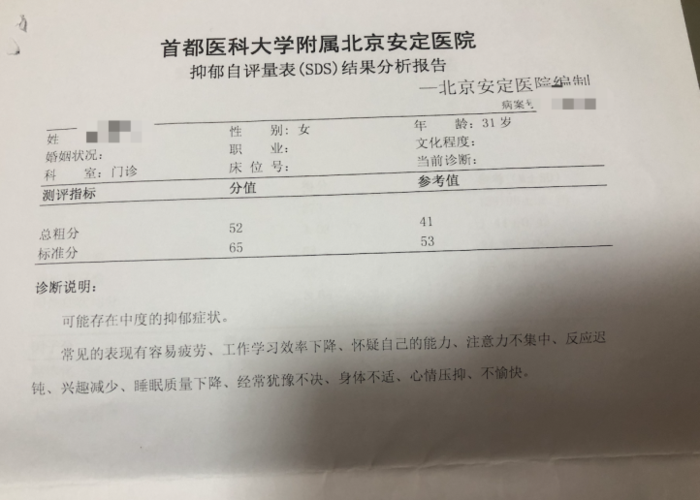在北京安定医院做的抑郁自评量表(sds)分析报告图源:拾宇自我拯救