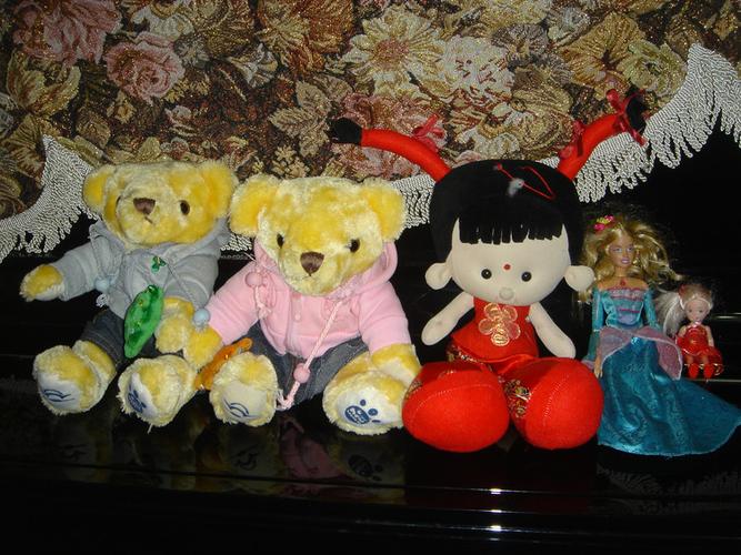 五个玩具娃娃(从左到右分别被丢丢起名为:厉正,秦满,红红,孔雀,花 ))