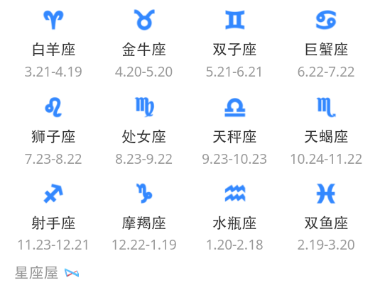 从1月份至12月份,12个月分别是什么星座?