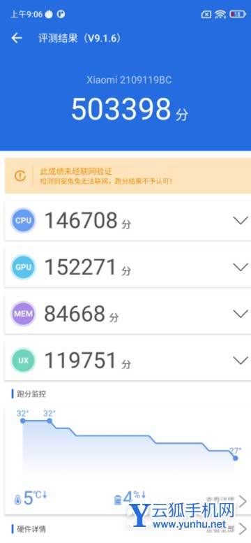 在安兔兔性能测试中,小米civi得到了503398分的成绩,其中cpu得分为14